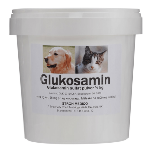Glucosamin til hunde og katte er en vigtig byggesten til brusk og slærevæske. Anbefalet daglig dosis 25 mg glukosamin pr. KG kropsvægt.