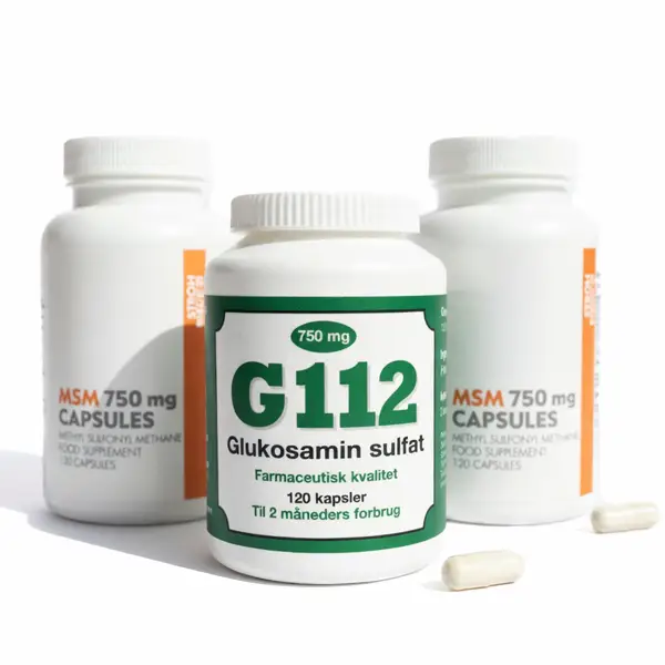 MSM 750 mg veganske kapsler sammen med G112 glukosamin sulfat kosttilskud