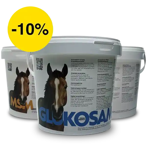 Rubino Veterinær pakke med 2 bøtter MSM og 1 bøtte Glucosamin 1 kg – til støtte for sunde led, sener og brusk hos heste og hunde.